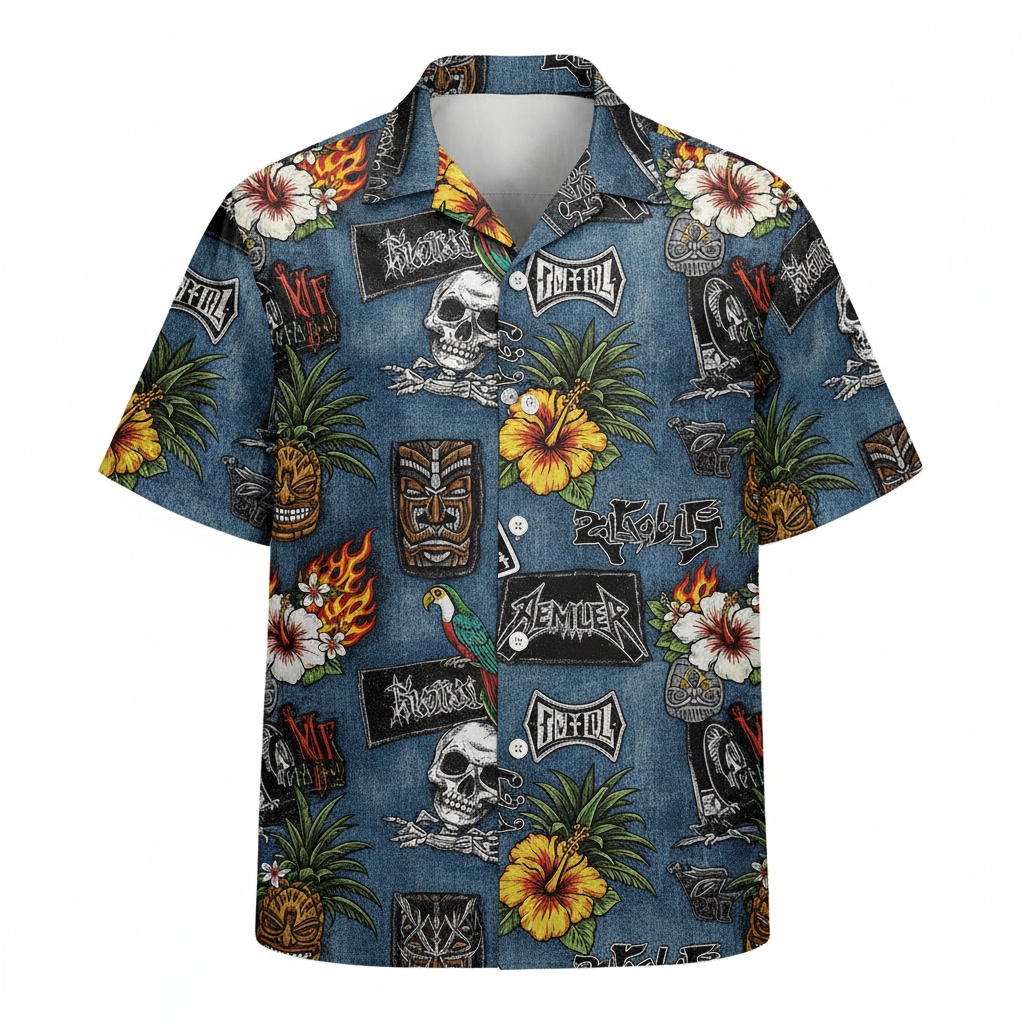 Denim Skull Tiki Hawaiian Shirt For Men Front - Fadebrick.com
