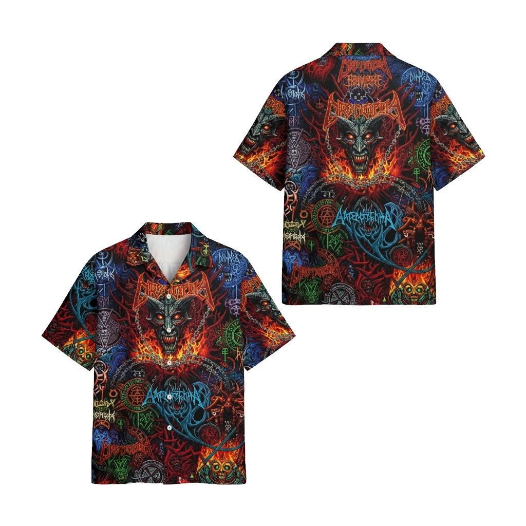 Fiery Demon Graphic Hawaiian Shirt Black Red Blue Front Back - Fadebrick.com