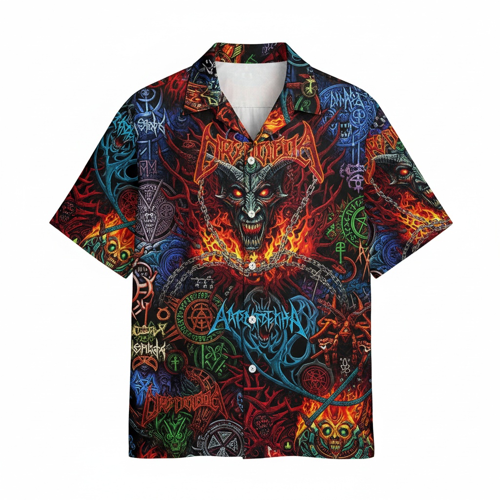 Fiery Demon Graphic Hawaiian Shirt Black Red Blue Front - Fadebrick.com