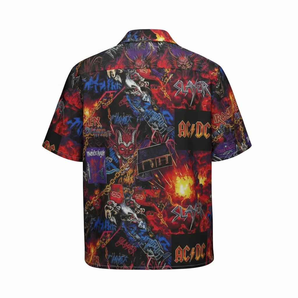 Fiery Red And Black Heavy Metal Graphic Print Button Up Back - Fadebrick.com