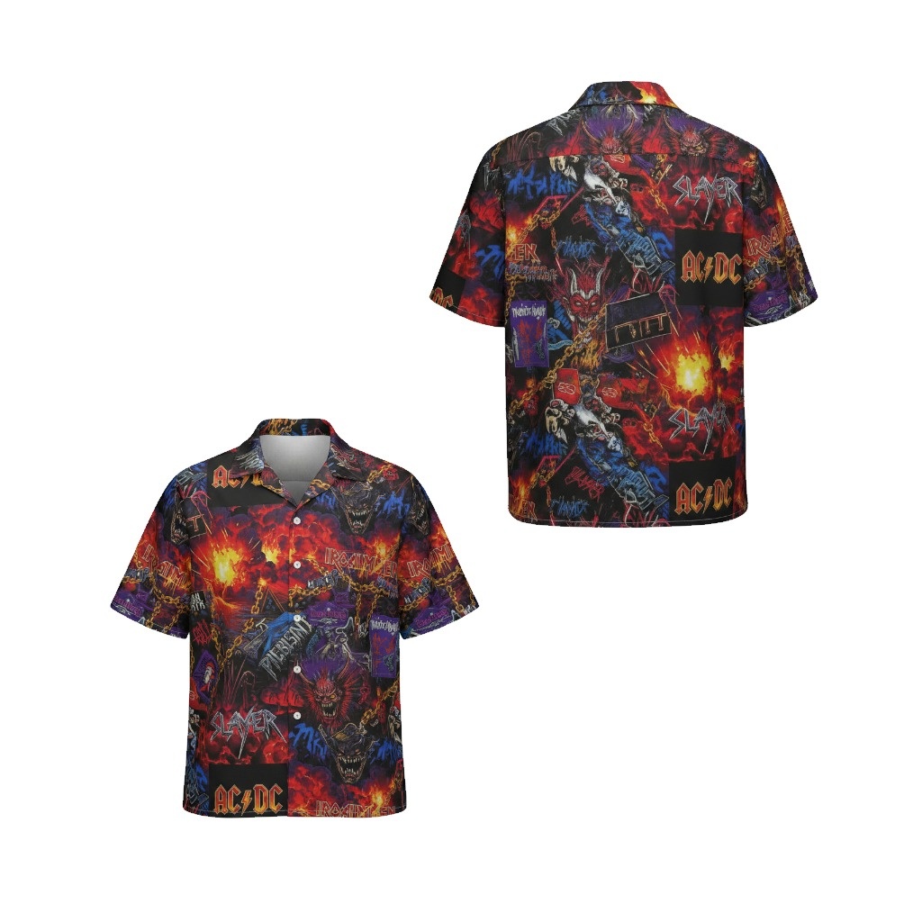Fiery Red And Black Heavy Metal Graphic Print Button Up Front Back - Fadebrick.com