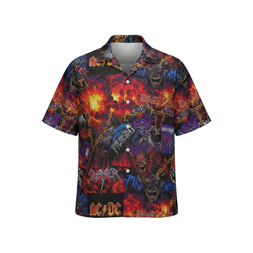 Fiery Red And Black Heavy Metal Graphic Print Button Up Front - Fadebrick.com