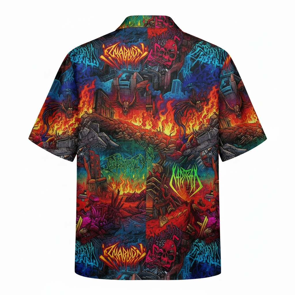 Fiery Skull Graphic Hawaiian Shirt Bold Multicolor Design Back - Fadebrick.com