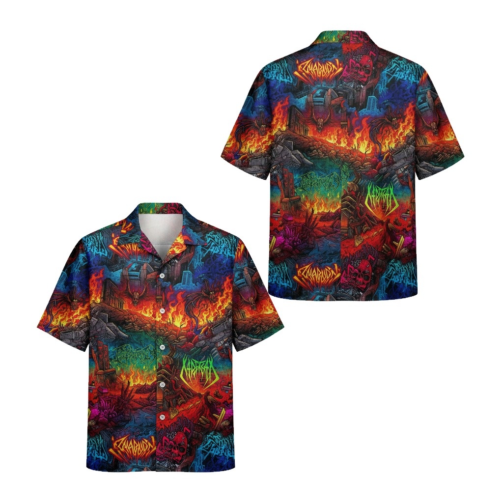 Fiery Skull Graphic Hawaiian Shirt Bold Multicolor Design Front Back - Fadebrick.com