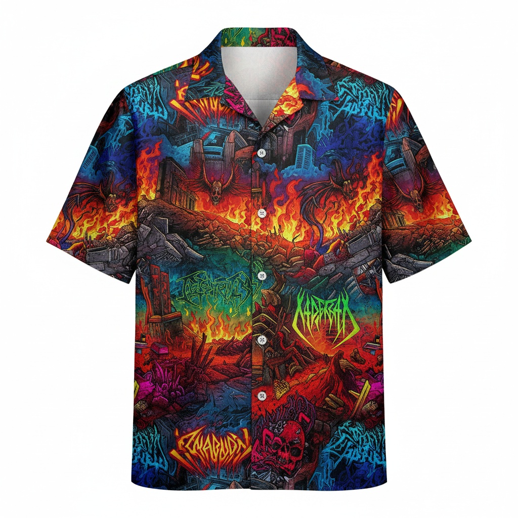 Fiery Skull Graphic Hawaiian Shirt Bold Multicolor Design Front - Fadebrick.com