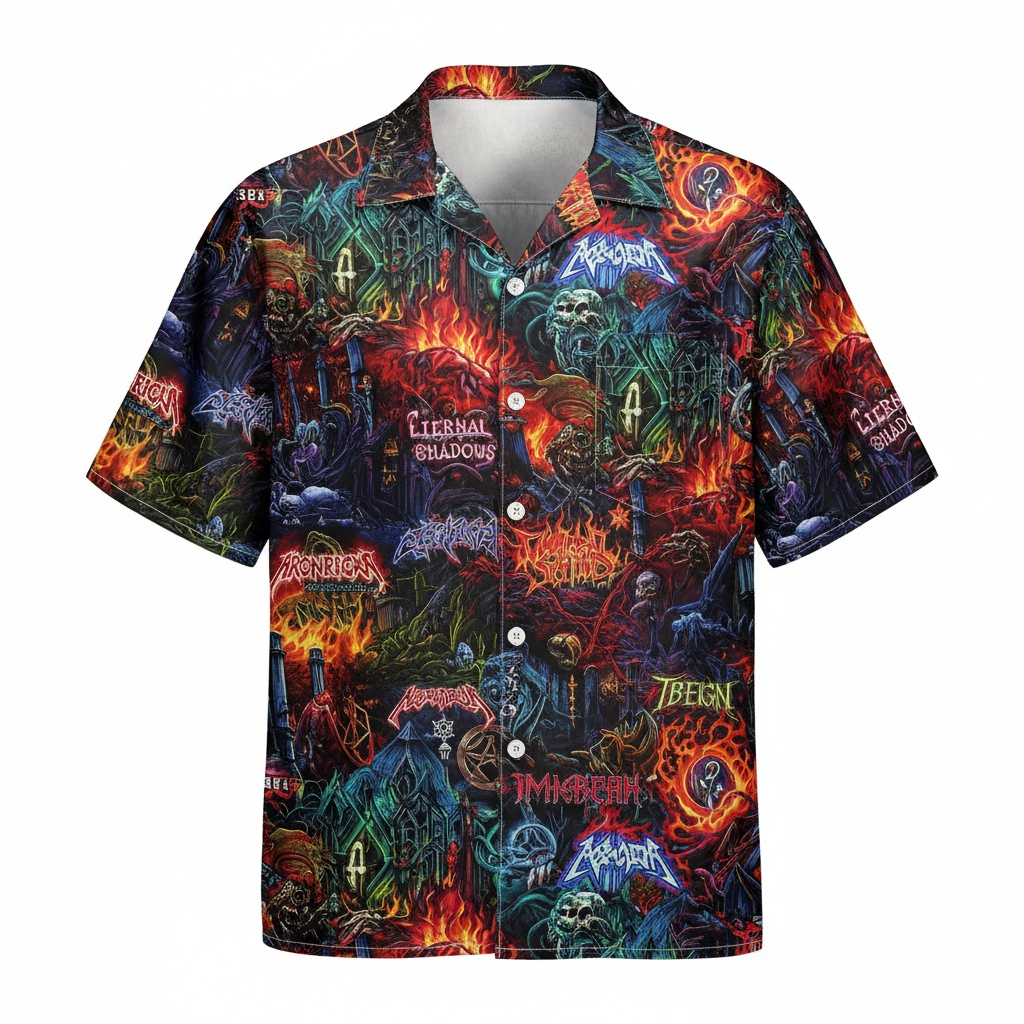 Fiery Skull Graphic Hawaiian Shirt Dark Metal Design Front - Fadebrick.com