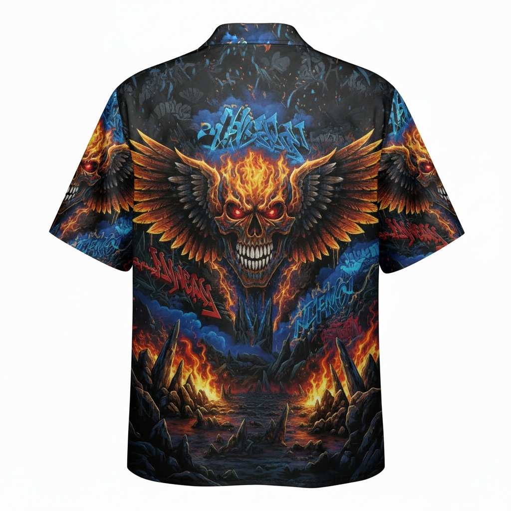 Fiery Skull Winged Hawaiian Shirt Dark Blue Orange Back - Fadebrick.com