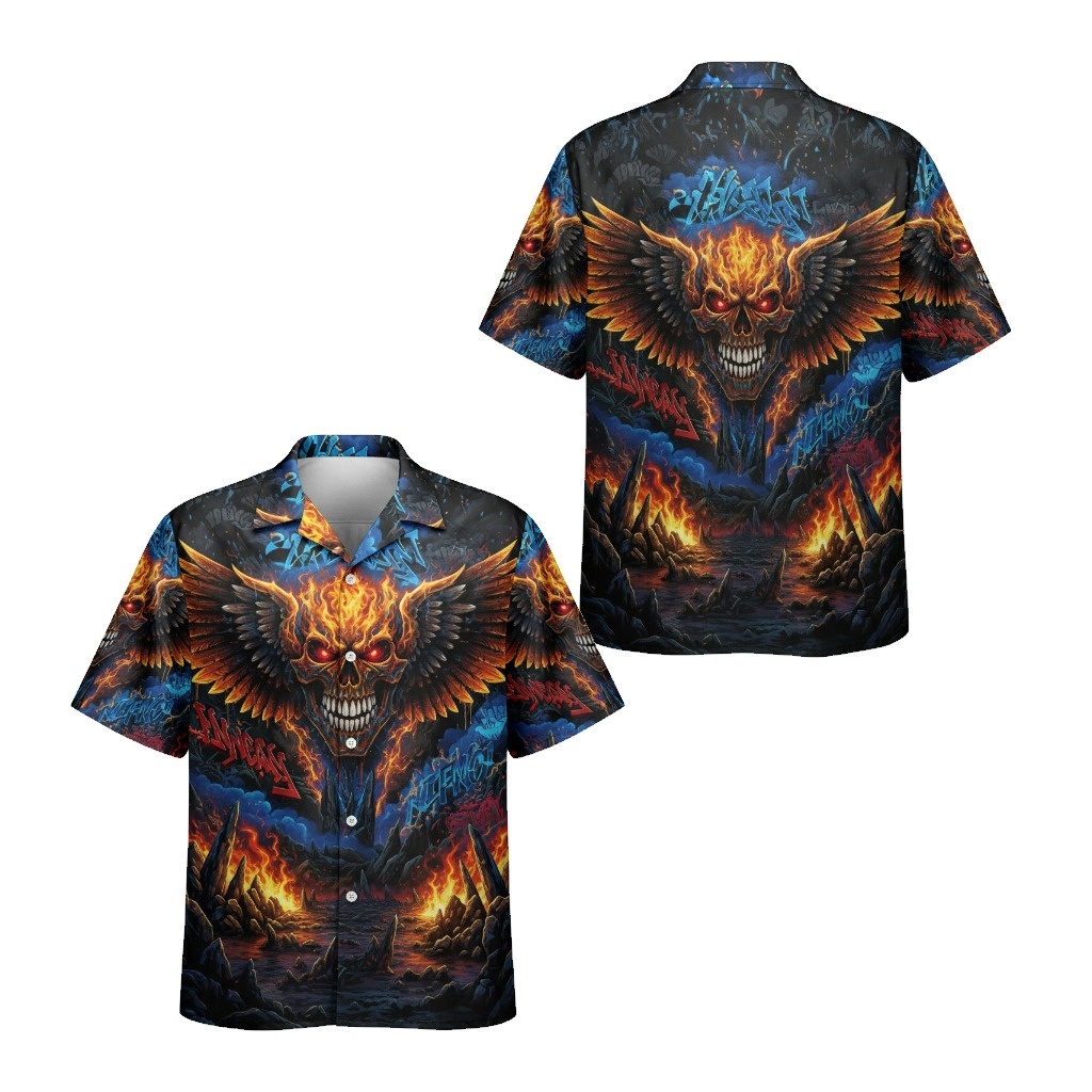 Fiery Skull Winged Hawaiian Shirt Dark Blue Orange Front Back - Fadebrick.com