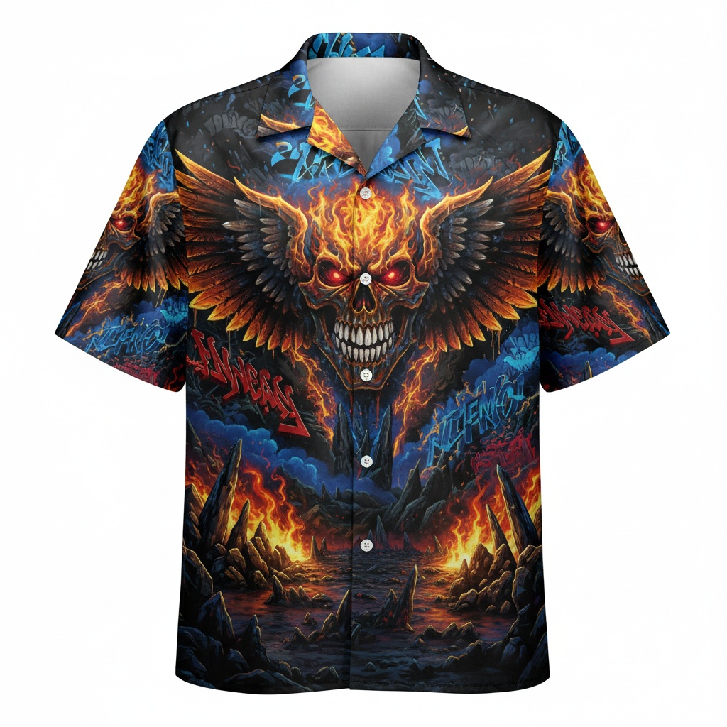 Fiery Skull Winged Hawaiian Shirt Dark Blue Orange Front - Fadebrick.com