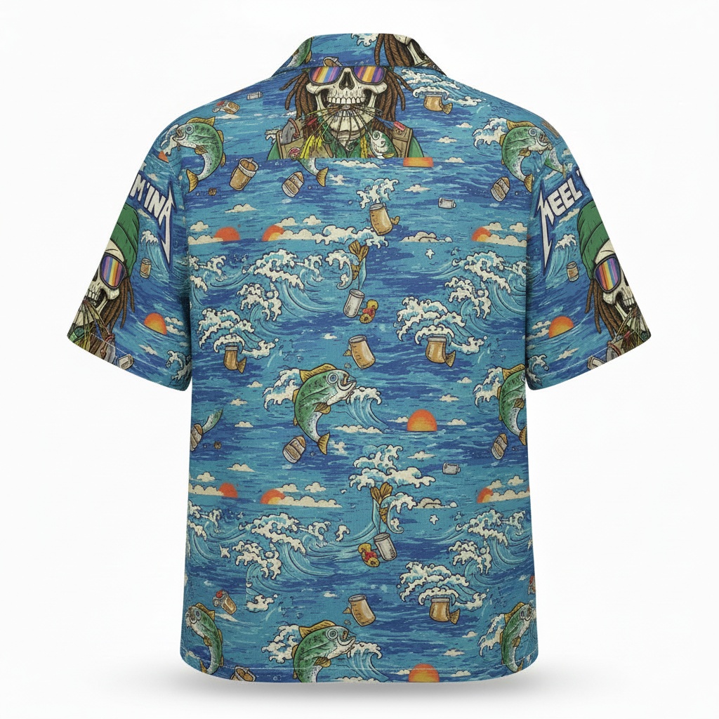 Fishing Skull Hawaiian Shirt Blue Ocean Waves Bass Design Back - Fadebrick.com