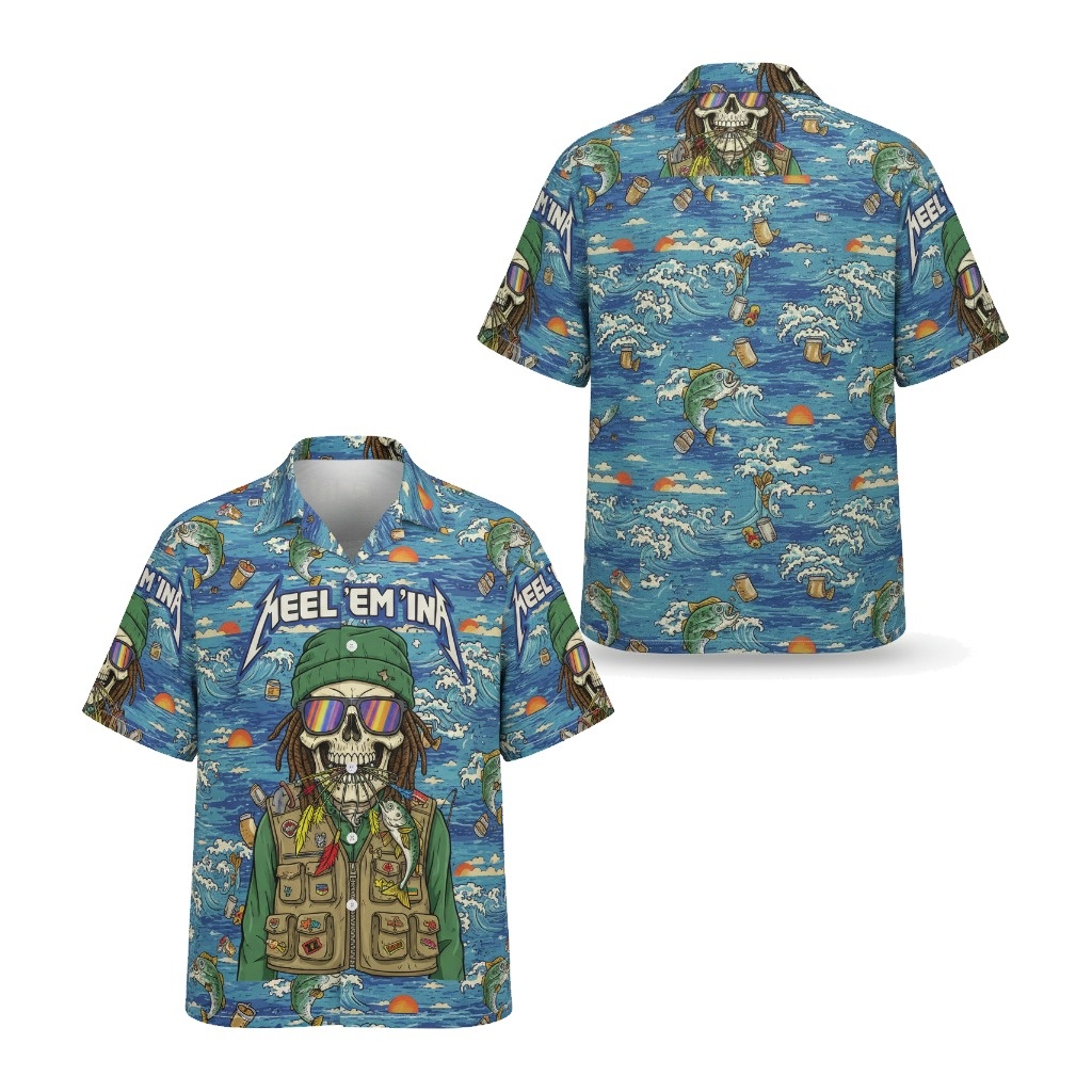 Fishing Skull Hawaiian Shirt Blue Ocean Waves Bass Design Front Back - Fadebrick.com