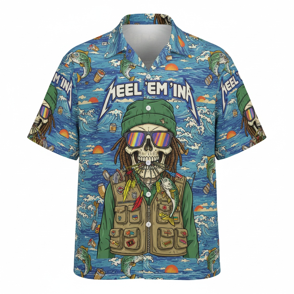 Fishing Skull Hawaiian Shirt Blue Ocean Waves Bass Design Front - Fadebrick.com