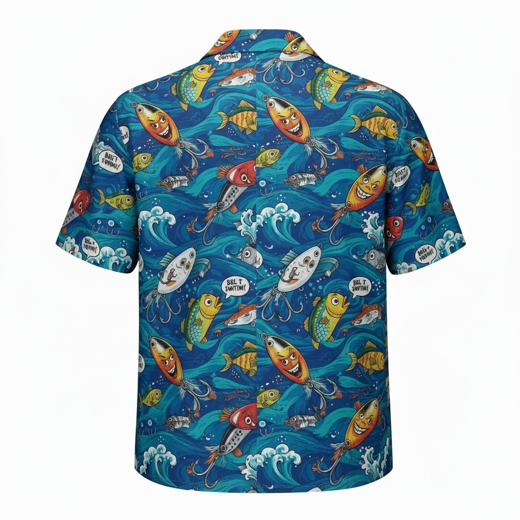 Fun Fish Print Blue Hawaiian Shirt For Men Casual Summer Back - Fadebrick.com