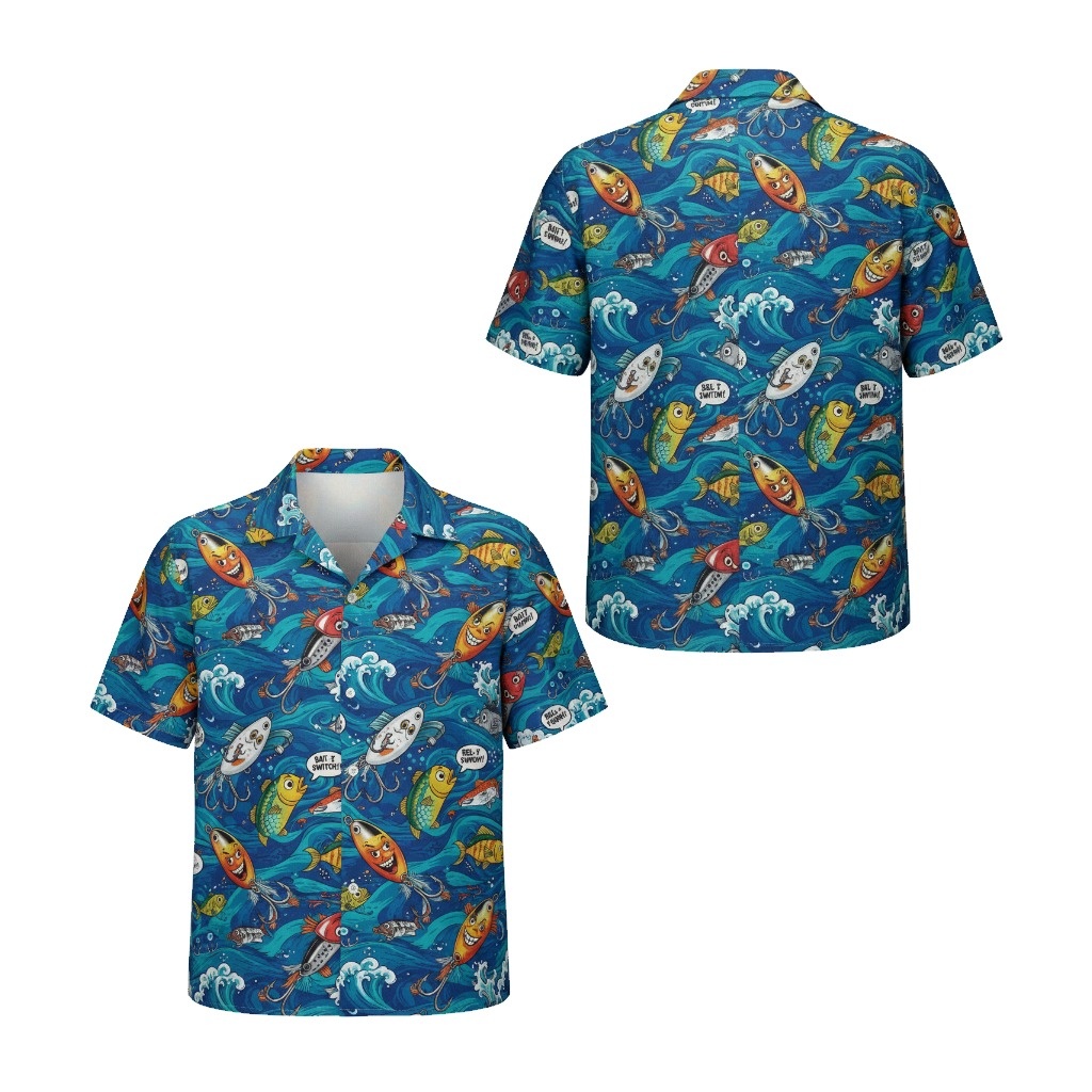 Fun Fish Print Blue Hawaiian Shirt For Men Casual Summer Front Back - Fadebrick.com
