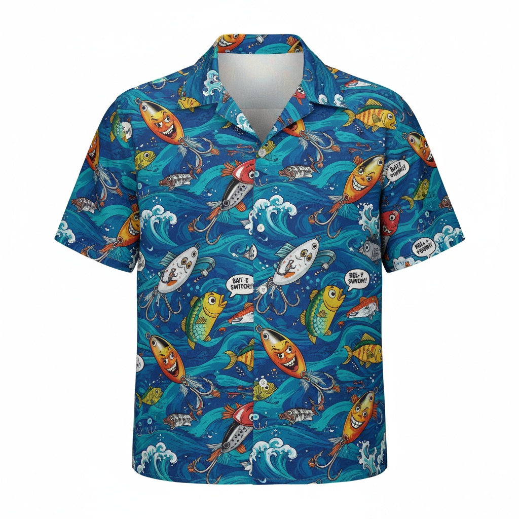 Fun Fish Print Blue Hawaiian Shirt For Men Casual Summer Front - Fadebrick.com