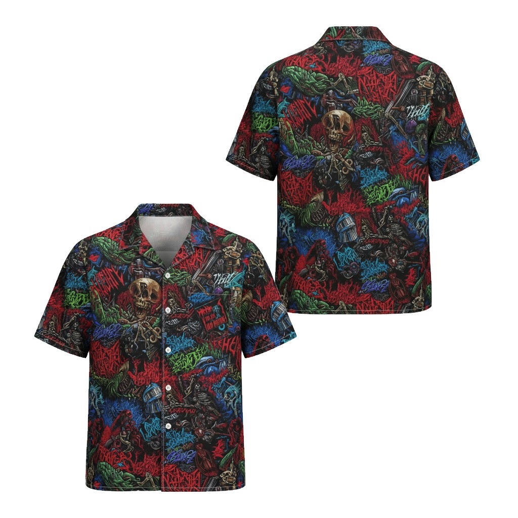 Gothic Skull Graphic Hawaiian Shirt Black Red Blue Green Front Back - Fadebrick.com
