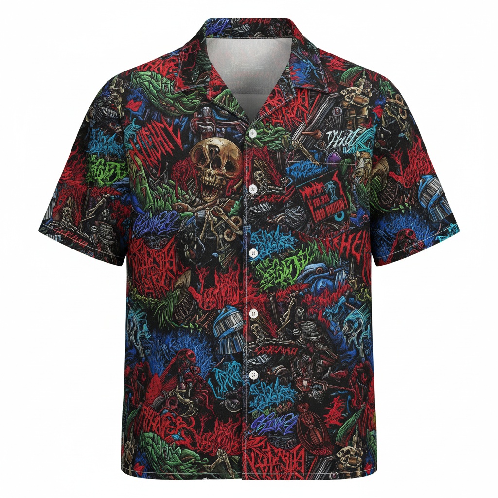 Gothic Skull Graphic Hawaiian Shirt Black Red Blue Green Front - Fadebrick.com