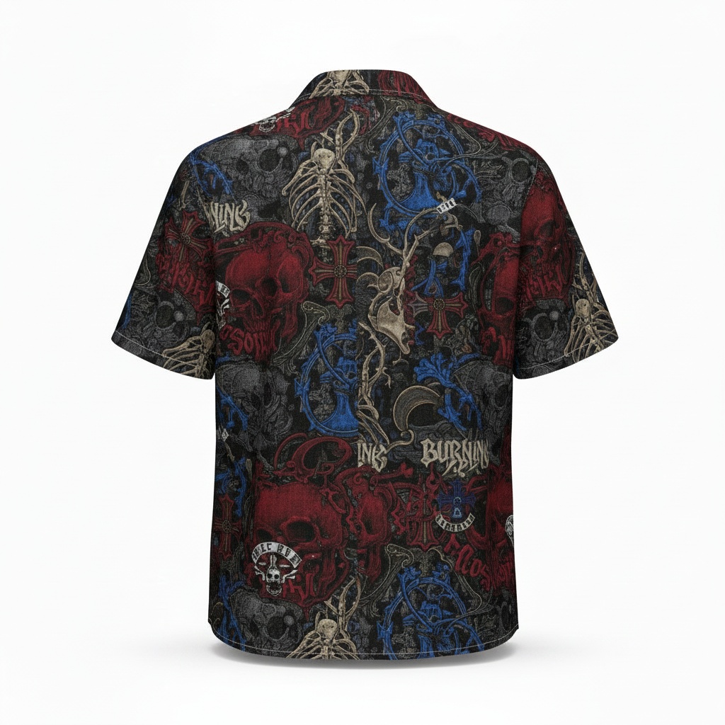 Gothic Skulls Burning Night Hawaiian Shirt Dark Rock Style Back - Fadebrick.com