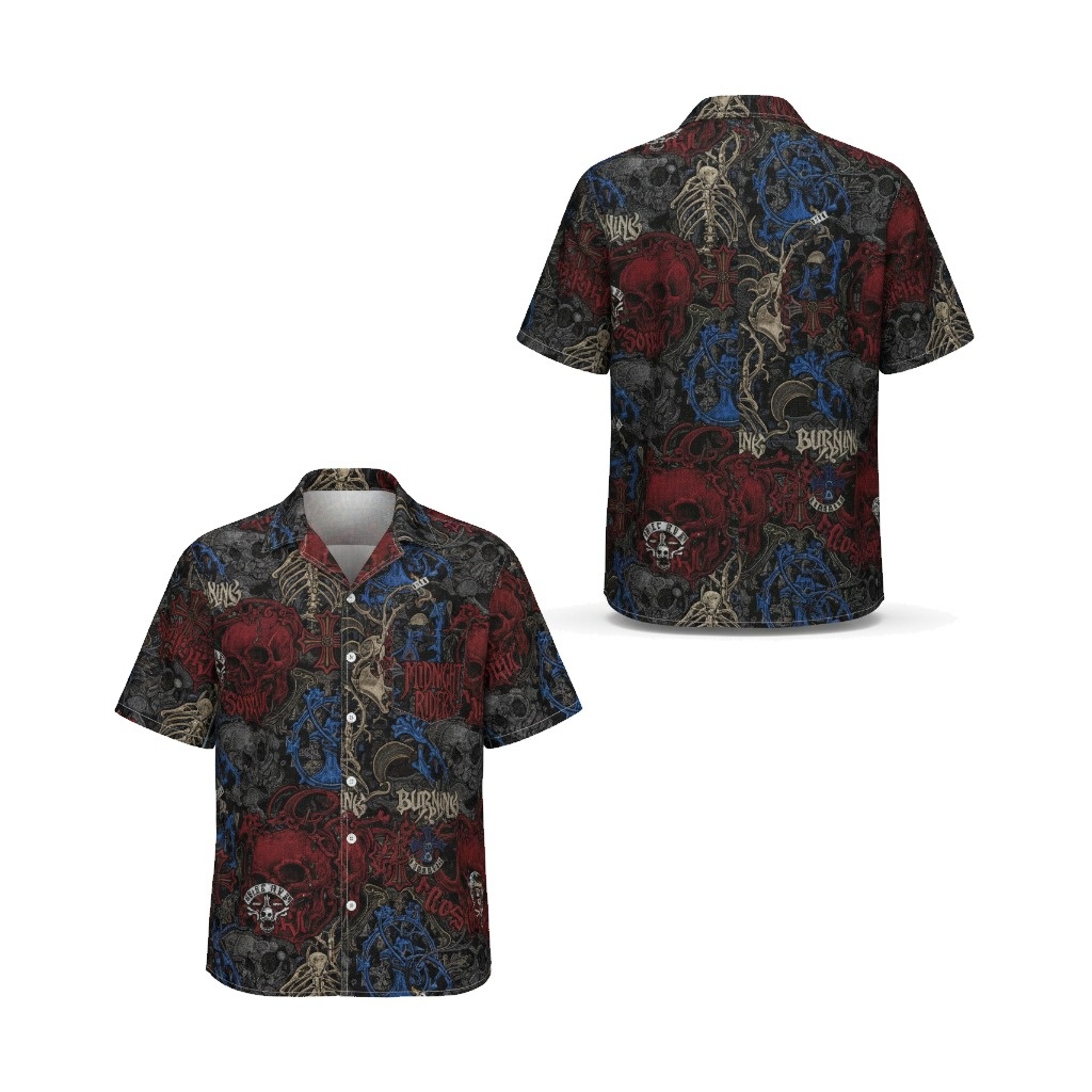 Gothic Skulls Burning Night Hawaiian Shirt Dark Rock Style Front Back - Fadebrick.com