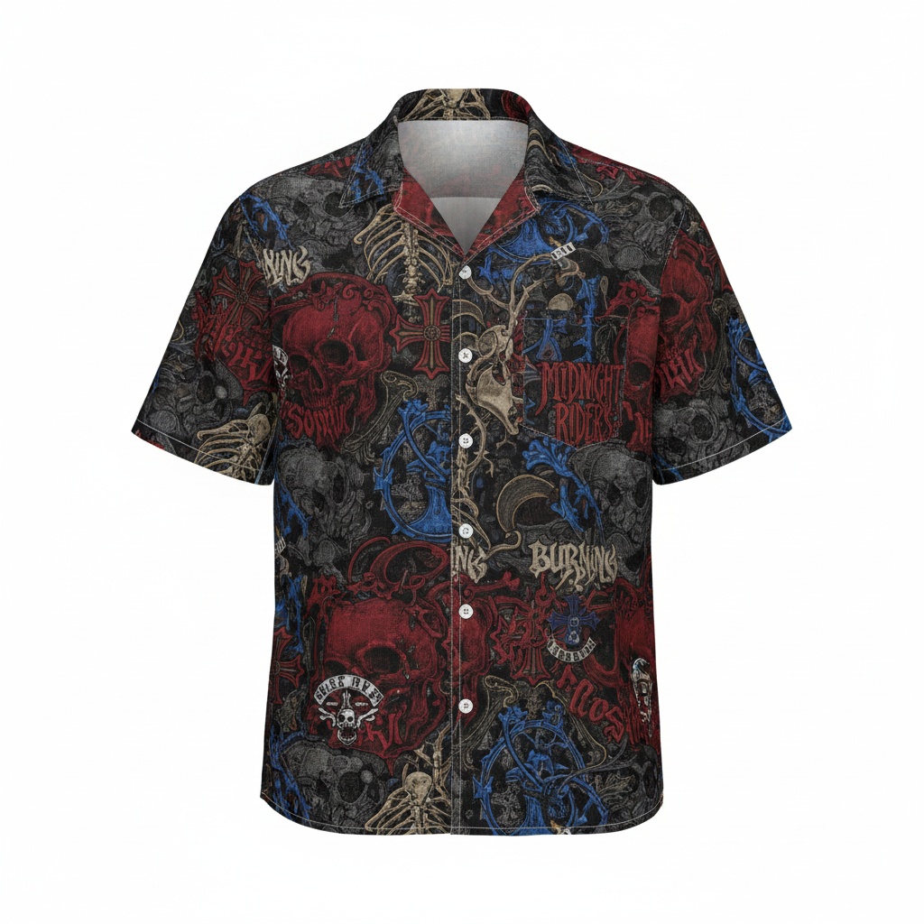 Gothic Skulls Burning Night Hawaiian Shirt Dark Rock Style Front - Fadebrick.com