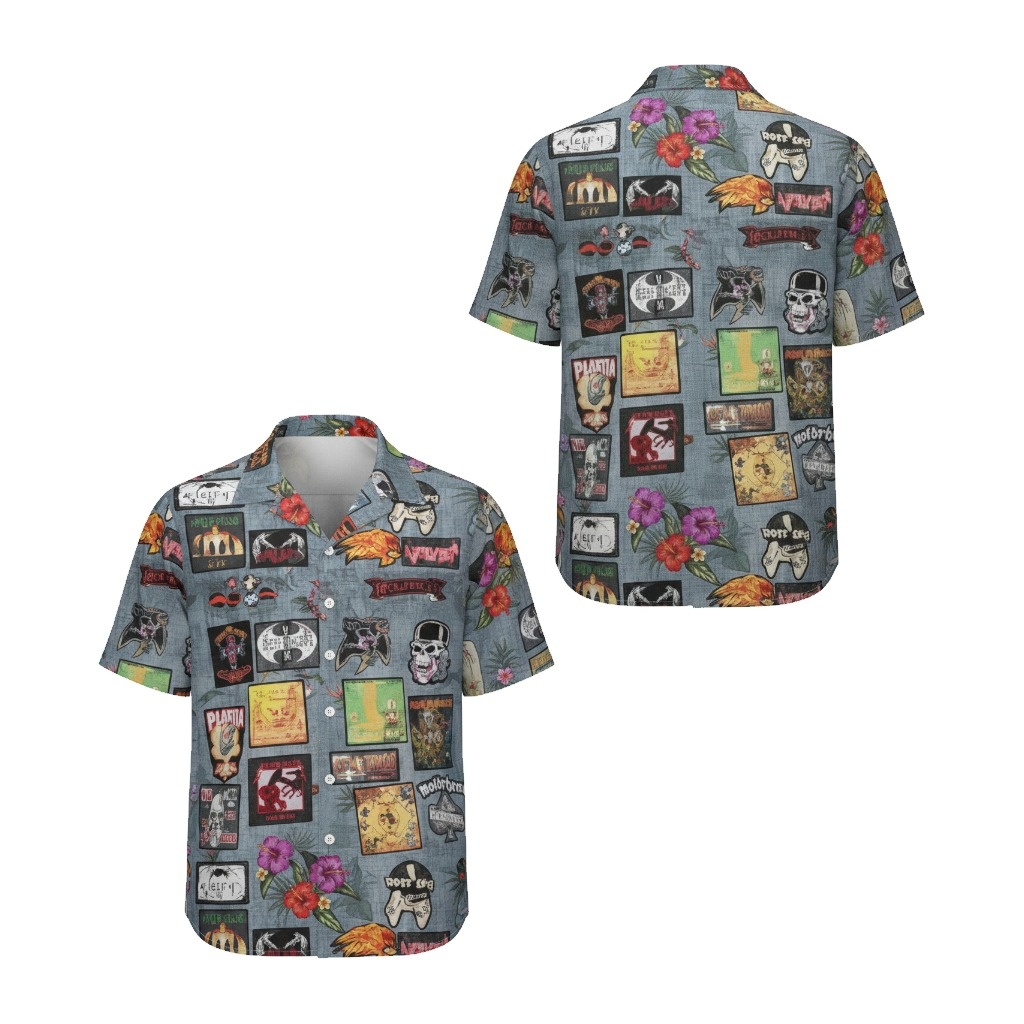 Gray Rock Band Patch Hawaiian Shirt Vintage Gaming Style Front Back - Fadebrick.com