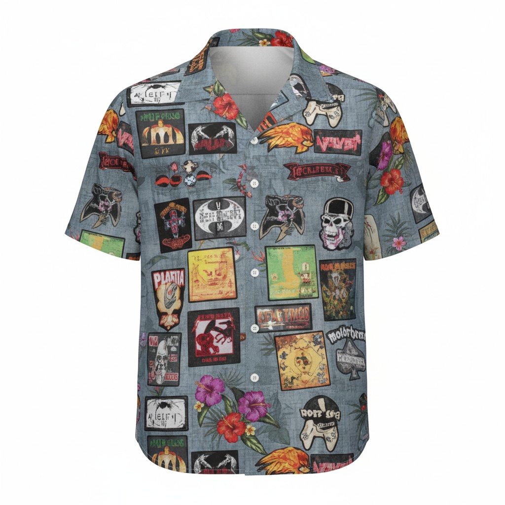 Gray Rock Band Patch Hawaiian Shirt Vintage Gaming Style Front - Fadebrick.com