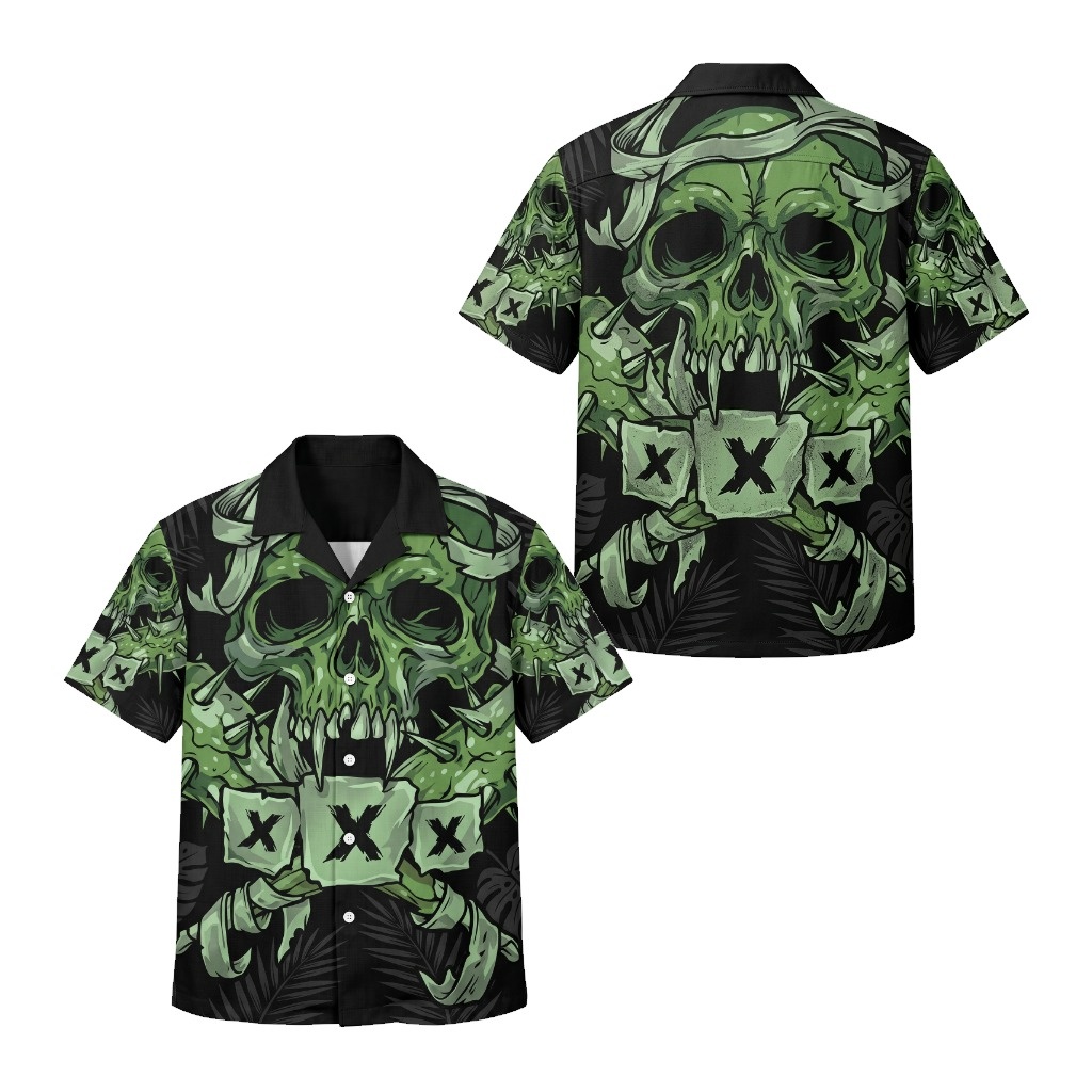 Green Skull Hawaiian Shirt Men's Tropical Aloha Style Front Back - Fadebrick.com