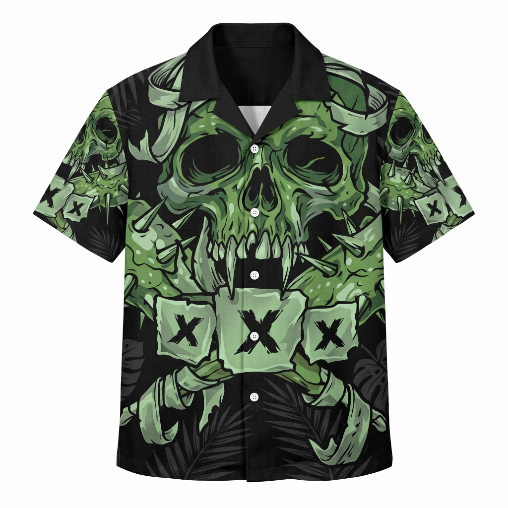 Green Skull Hawaiian Shirt Men's Tropical Aloha Style Front - Fadebrick.com