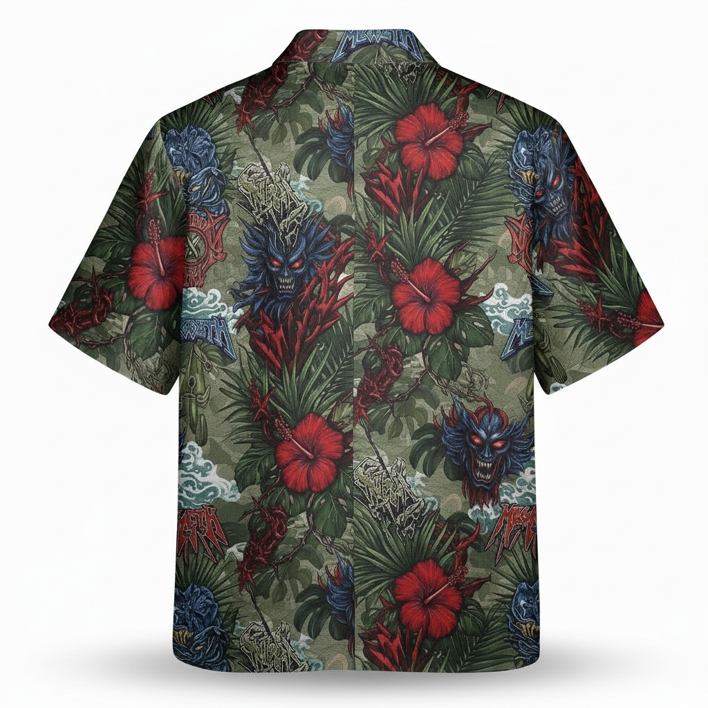Hawaiian Shirt Blue Oni Mask Red Hibiscus Tropical Green Back - Fadebrick.com