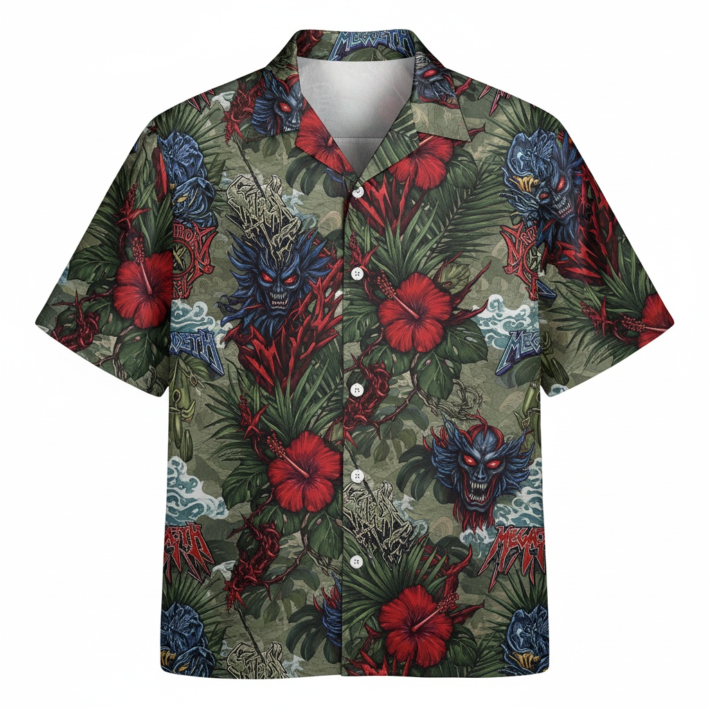Hawaiian Shirt Blue Oni Mask Red Hibiscus Tropical Green Front - Fadebrick.com