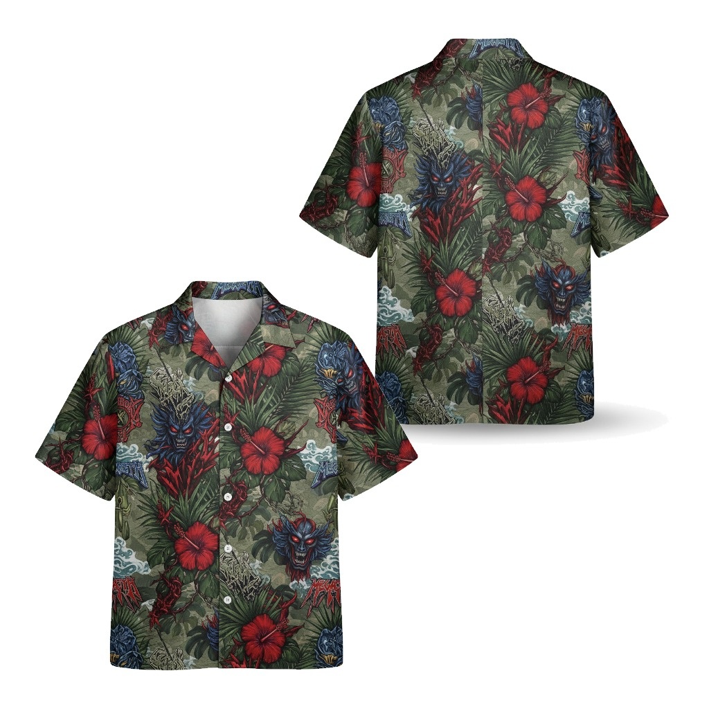 Hawaiian Shirt Blue Oni Mask Red Hibiscus Tropical Green - Fadebrick.com