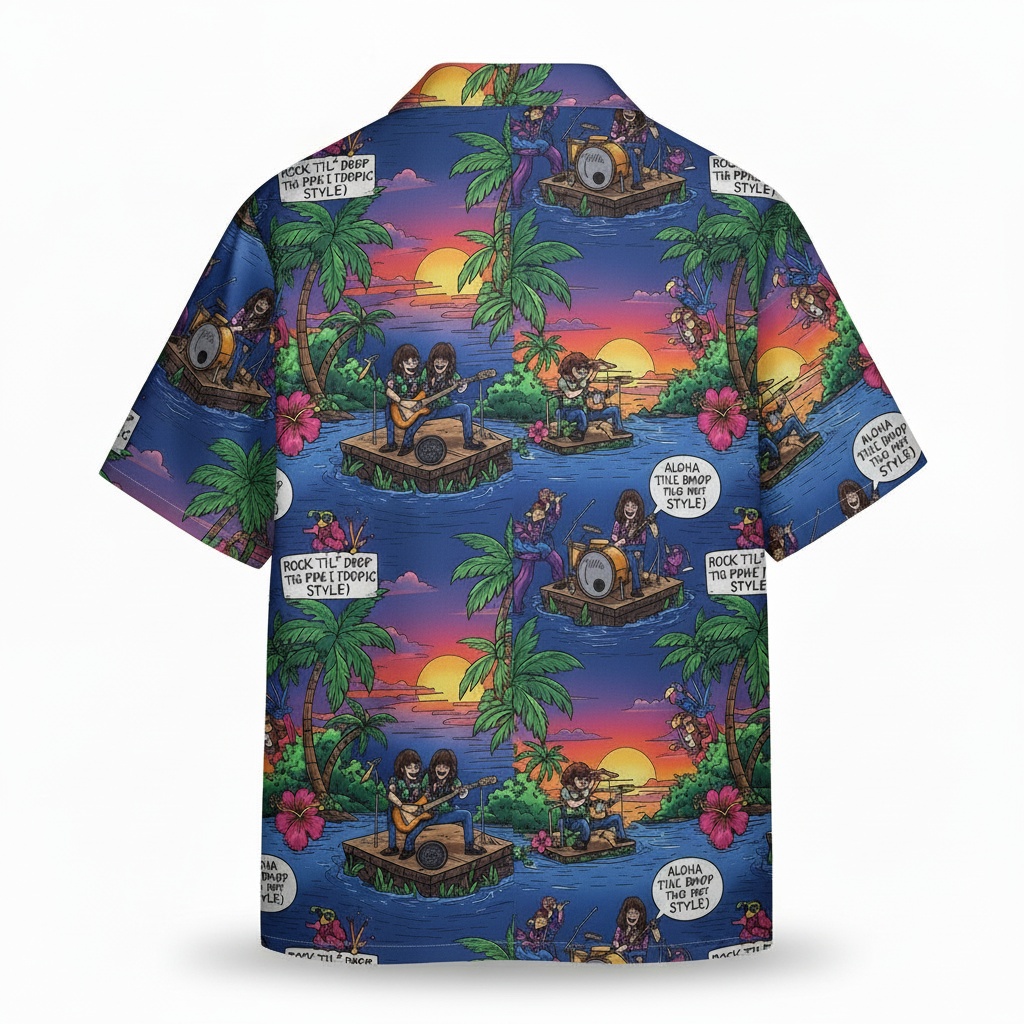 Hawaiian Shirt Tropical Rock Band Design Sunset Blue Back - Fadebrick.com