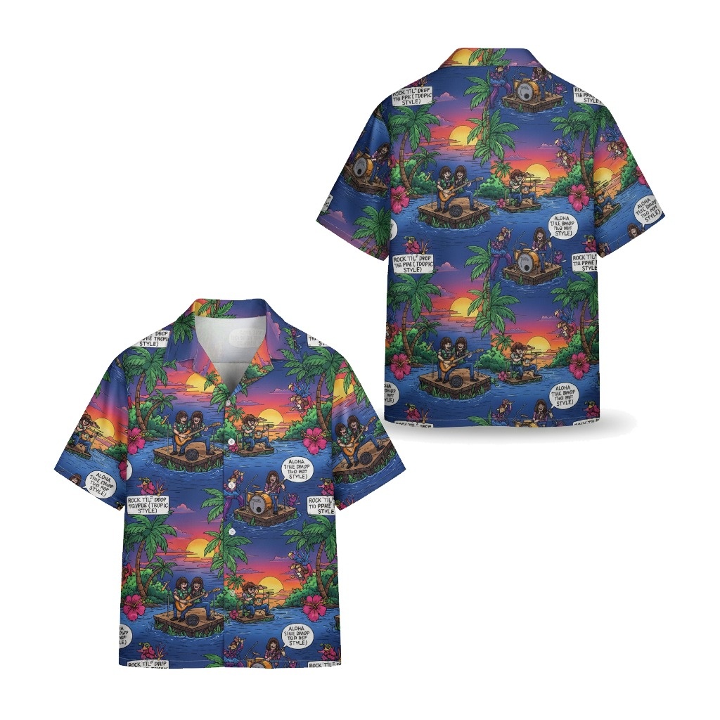 Hawaiian Shirt Tropical Rock Band Design Sunset Blue Front Back - Fadebrick.com