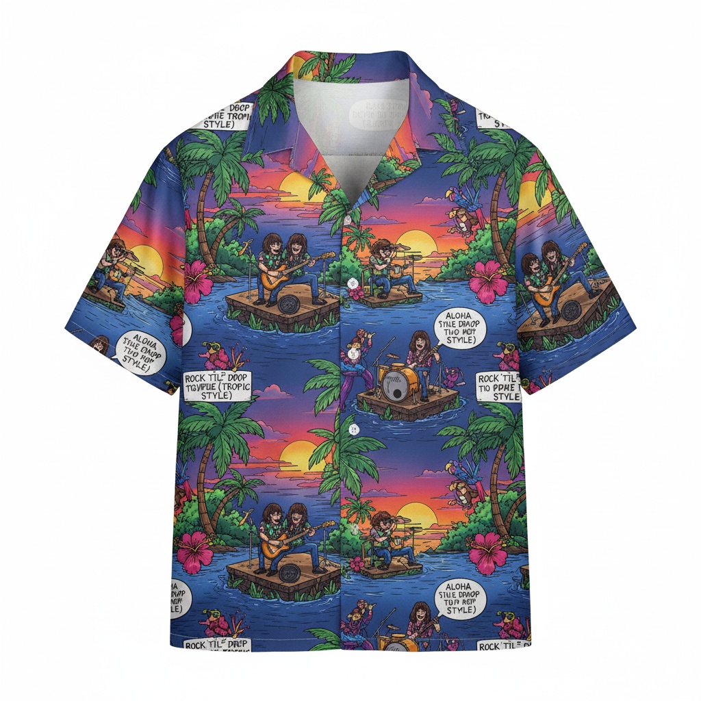 Hawaiian Shirt Tropical Rock Band Design Sunset Blue Front - Fadebrick.com