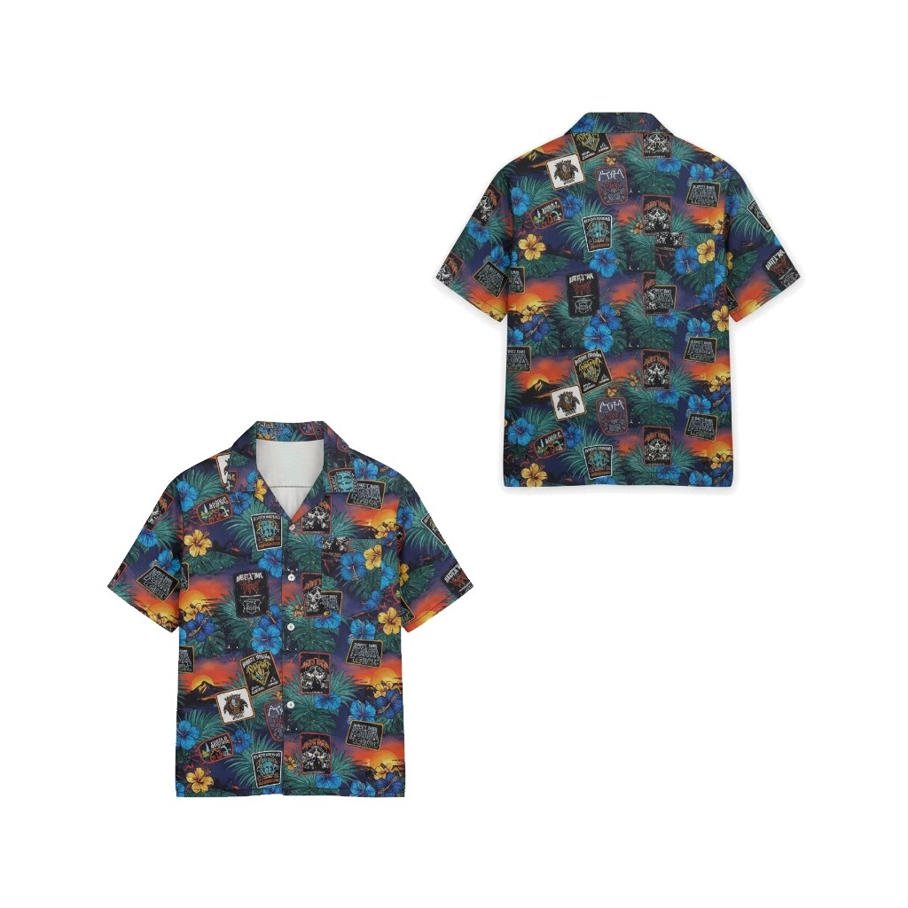 Hawaiian Skull Sunset Button Up Shirt Navy Blue Front Back - Fadebrick.com