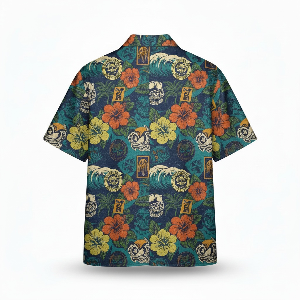 Hawaiian Skull Wave Floral Print Button Up Shirt Teal Orange Back - Fadebrick.com
