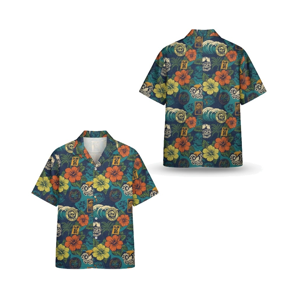 Hawaiian Skull Wave Floral Print Button Up Shirt Teal Orange Front Back - Fadebrick.com