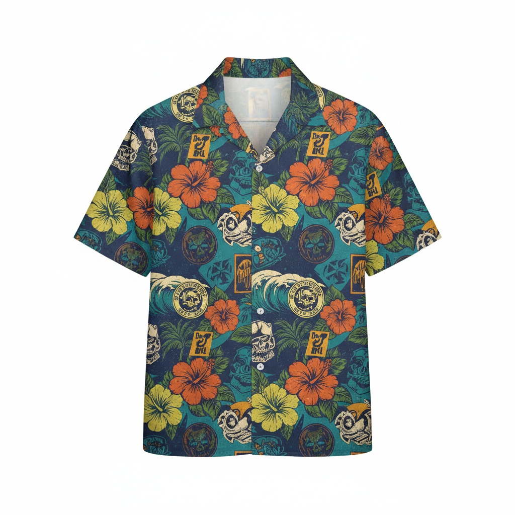 Hawaiian Skull Wave Floral Print Button Up Shirt Teal Orange Front - Fadebrick.com