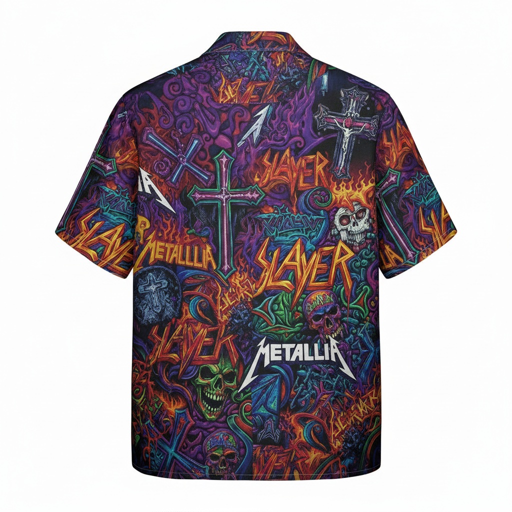 Heavy Metal Skulls Crosses Hawaiian Shirt Colorful Design Back - Fadebrick.com
