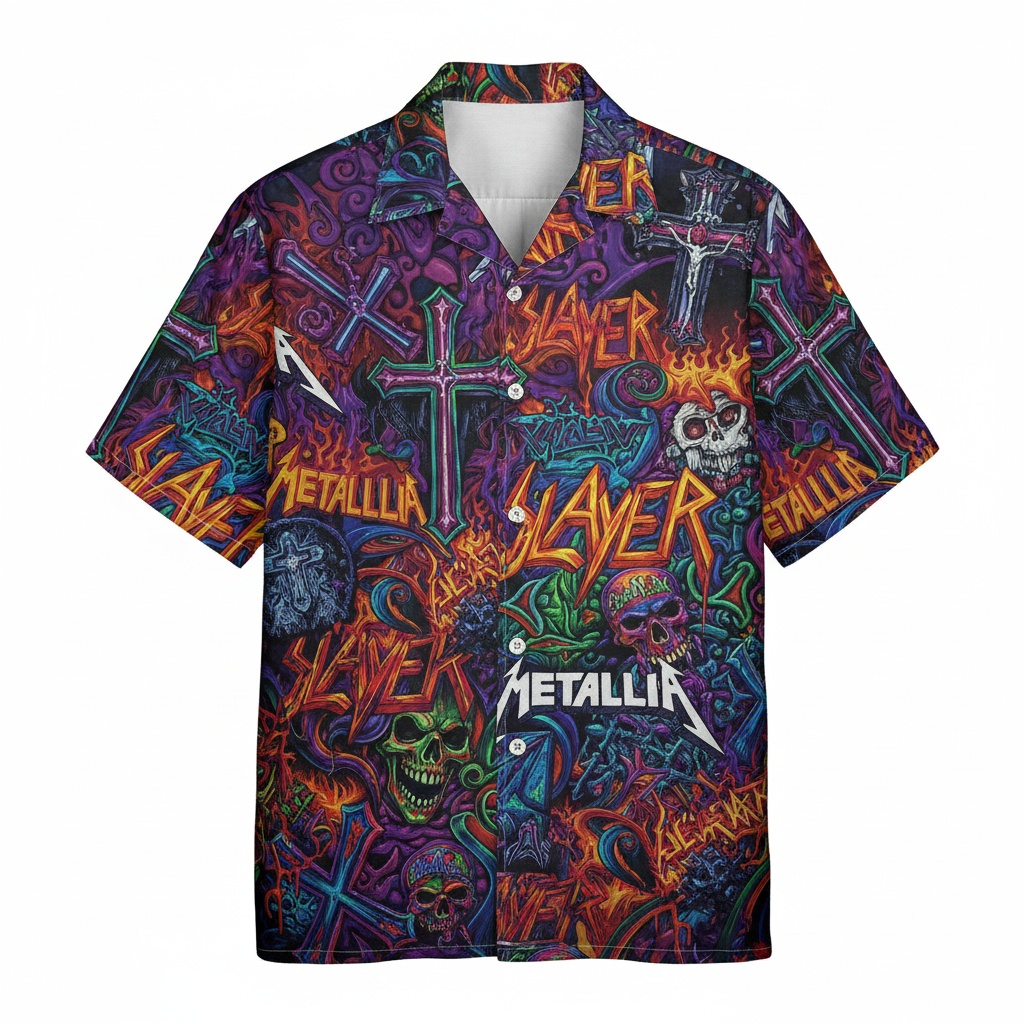 Heavy Metal Skulls Crosses Hawaiian Shirt Colorful Design Front - Fadebrick.com