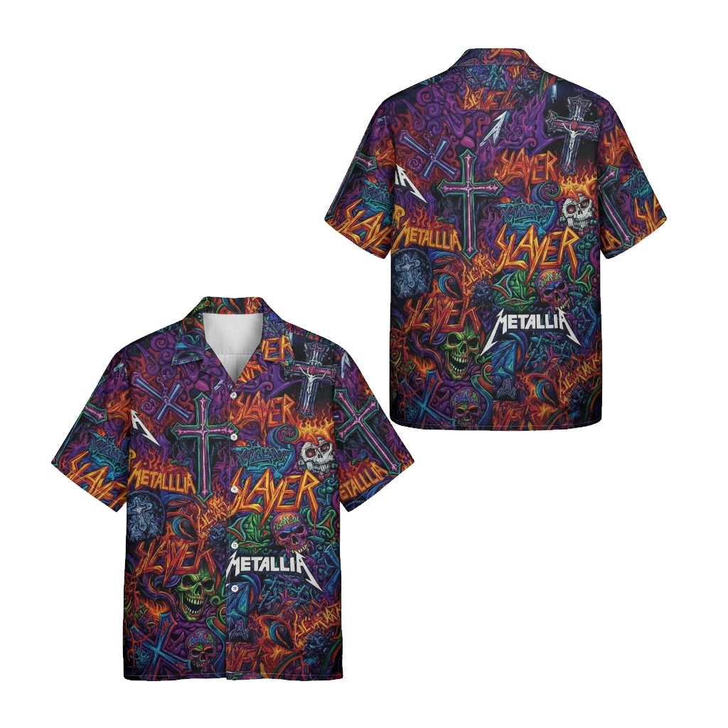 Heavy Metal Skulls Crosses Hawaiian Shirt Colorful Design - Fadebrick.com