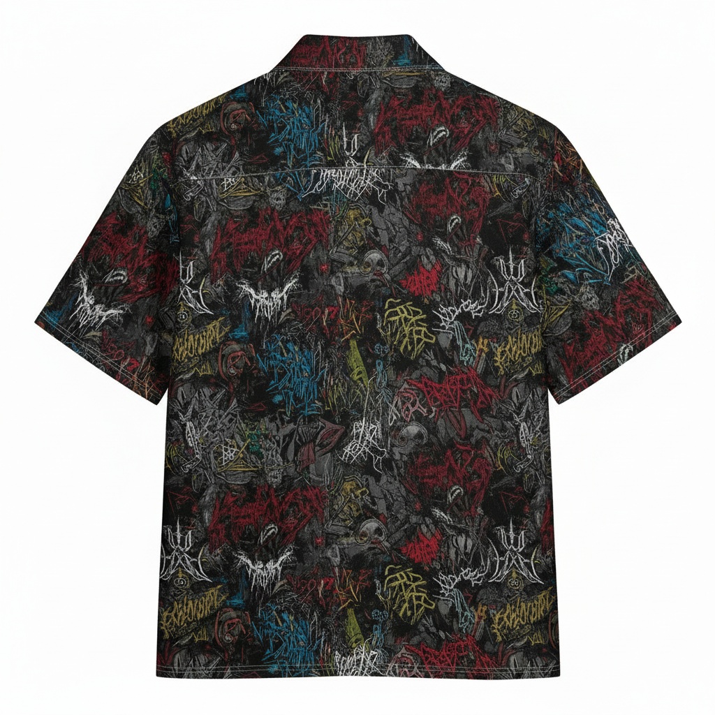 Intense Black Graphic Print Short Sleeve Button Up Shirt Back - Fadebrick.com