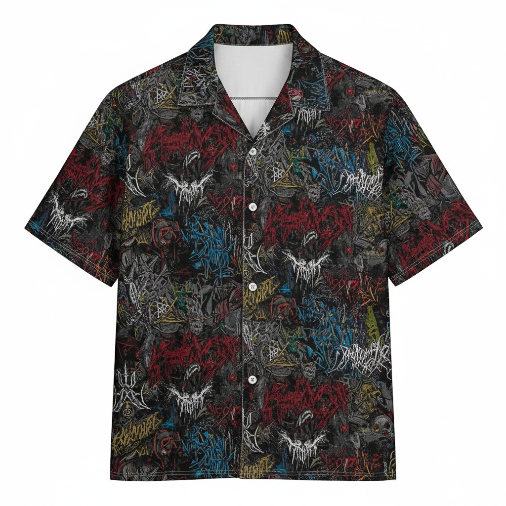 Intense Black Graphic Print Short Sleeve Button Up Shirt Front - Fadebrick.com