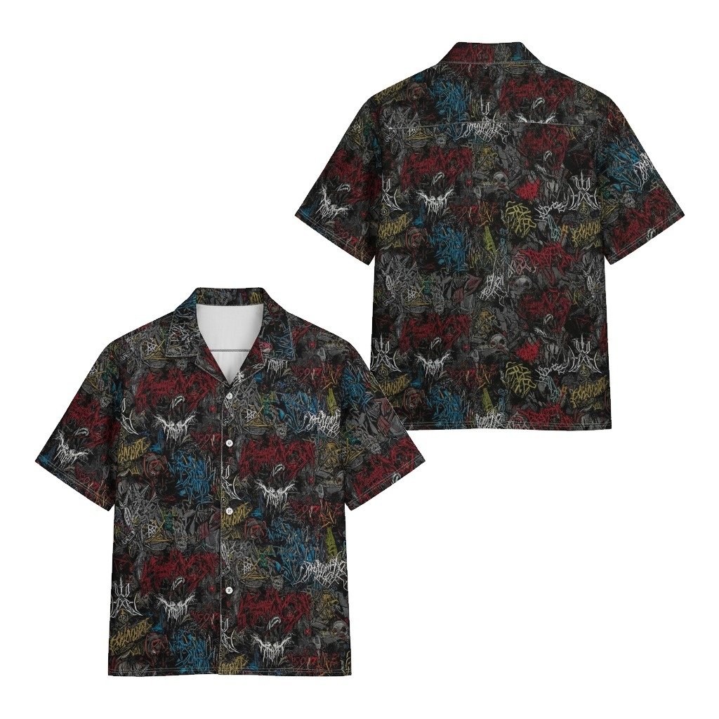 Intense Black Graphic Print Short Sleeve Button Up Shirt - Fadebrick.com
