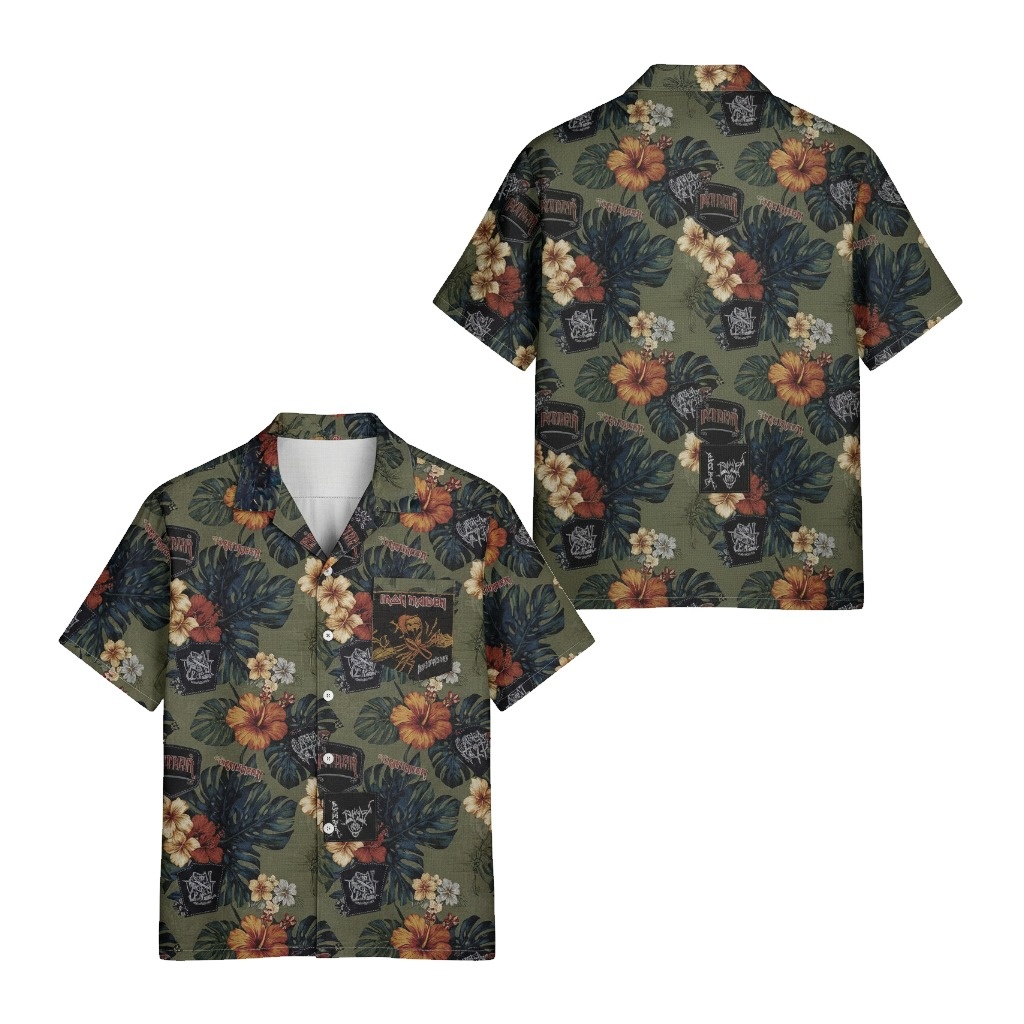 Iron Maiden Hawaiian Shirt Olive Green Tropical Rock Style Front Back - Fadebrick.com