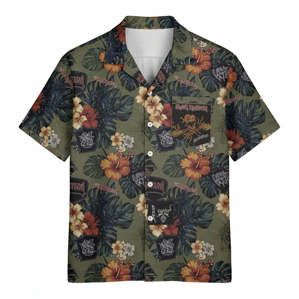 Iron Maiden Hawaiian Shirt Olive Green Tropical Rock Style Front - Fadebrick.com