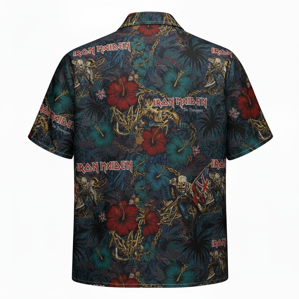 Iron Maiden The Trooper Hawaiian Shirt Dark Floral Skeleton Back - Fadebrick.com
