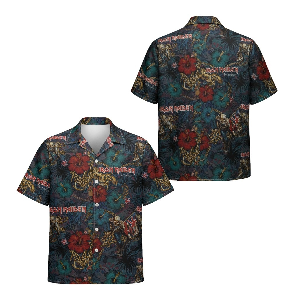 Iron Maiden The Trooper Hawaiian Shirt Dark Floral Skeleton Front Back - Fadebrick.com