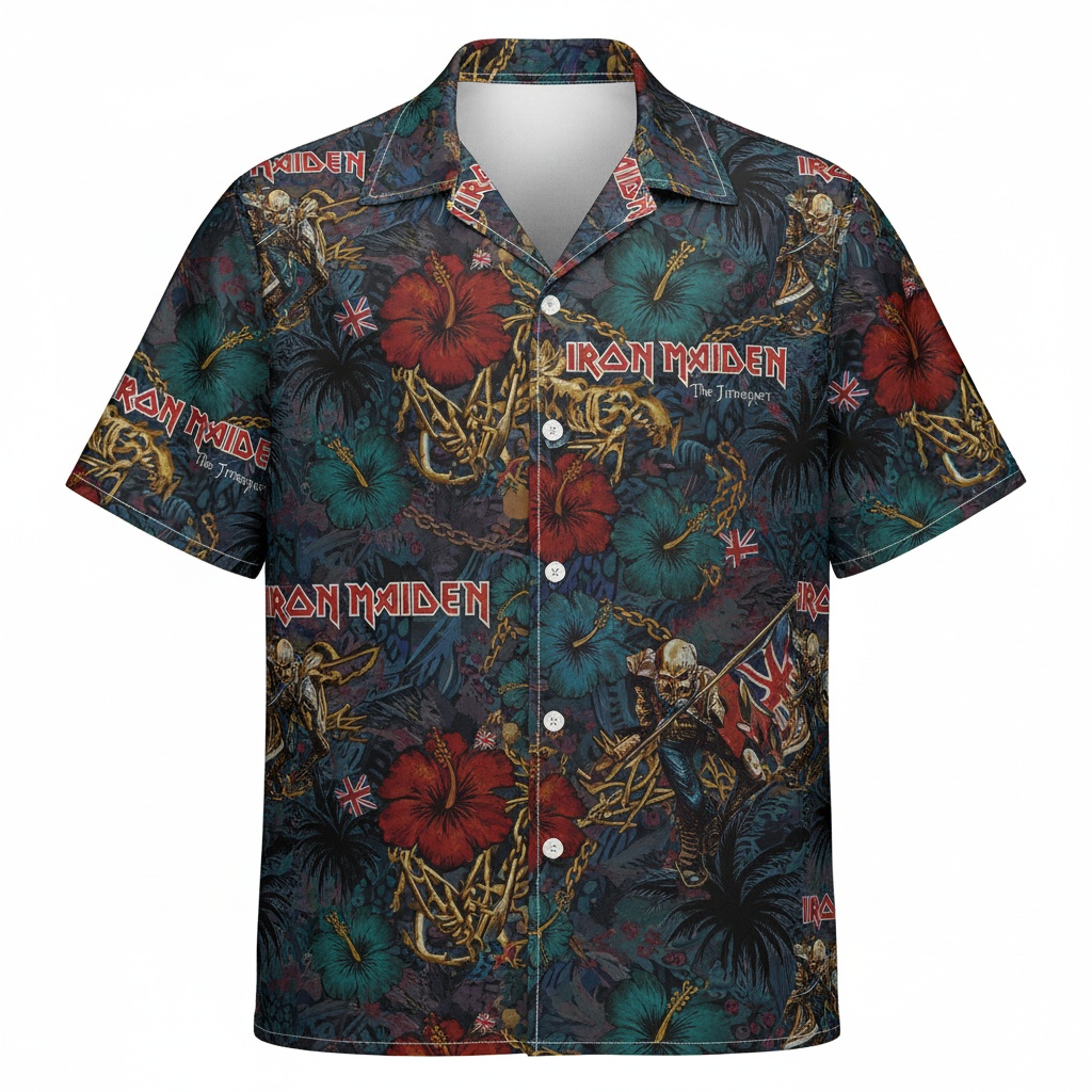 Iron Maiden The Trooper Hawaiian Shirt Dark Floral Skeleton Front - Fadebrick.com
