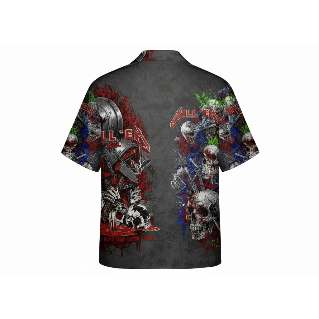 Kill Em All Skulls Hawaiian Shirt Black Red Graphic Print Back - Fadebrick.com
